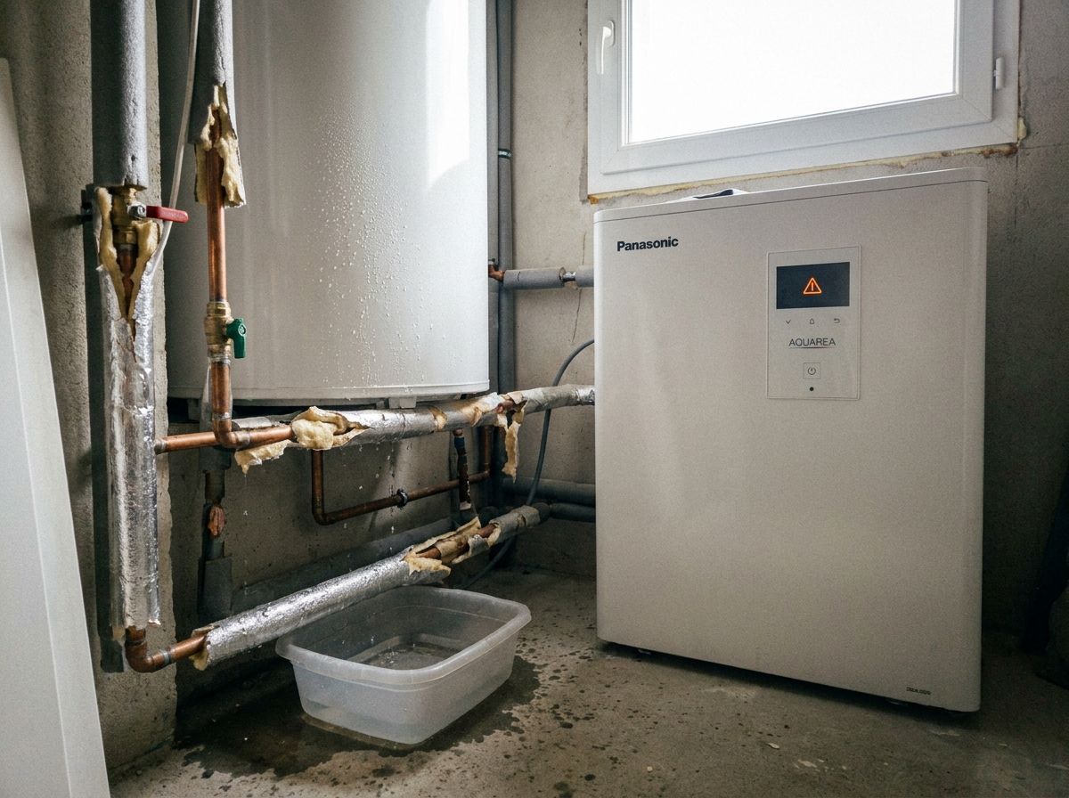 Cellier avec module Panasonic Aquarea, calorifuge des tuyaux arraché, gouttes et bassine au sol