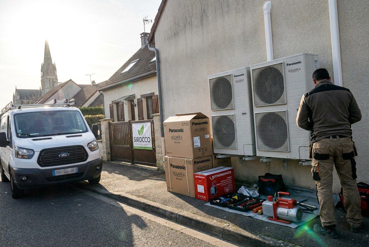 Technicien devant deux unités Panasonic fixées en façade, cartons et outillage au sol