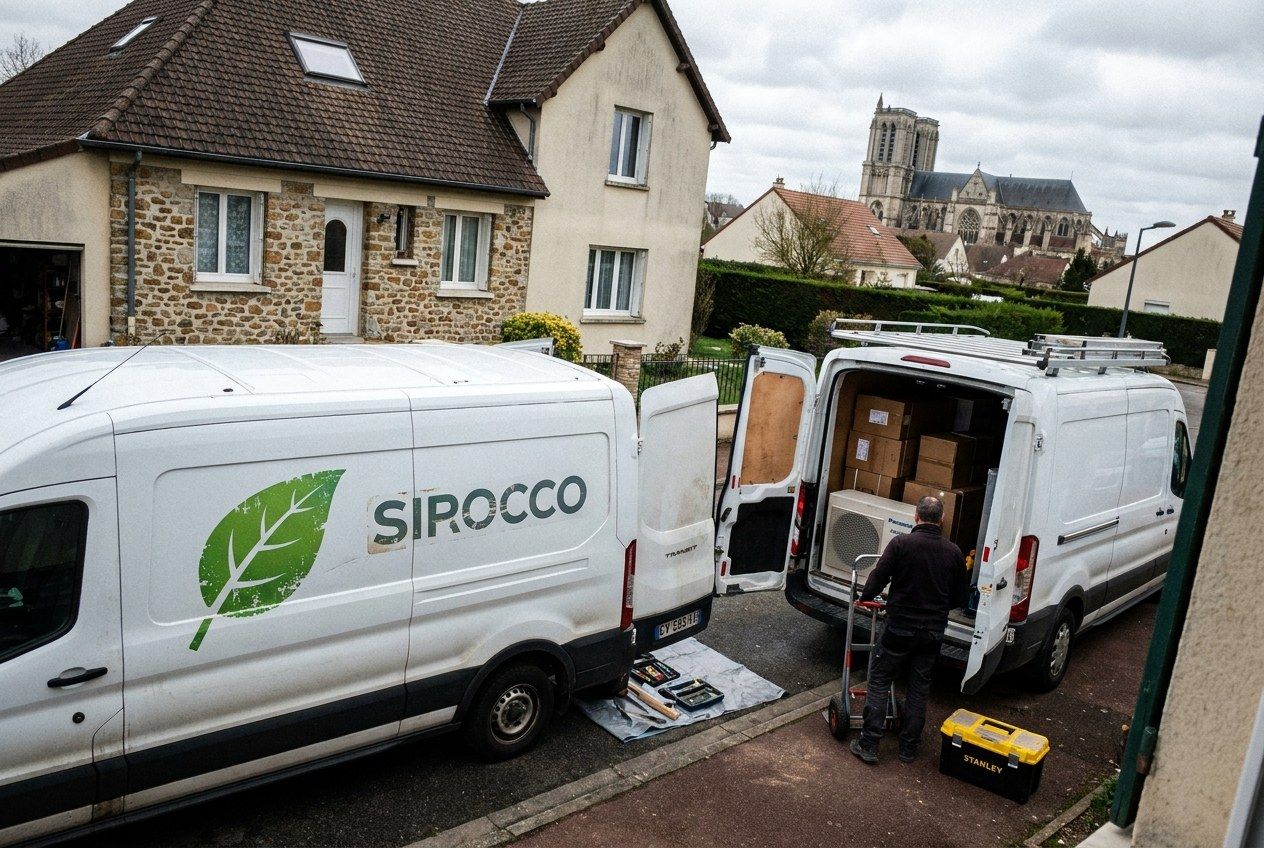 Deux fourgons blancs Sirocco devant un pavillon, clochers de la cathédrale de Meaux au fond