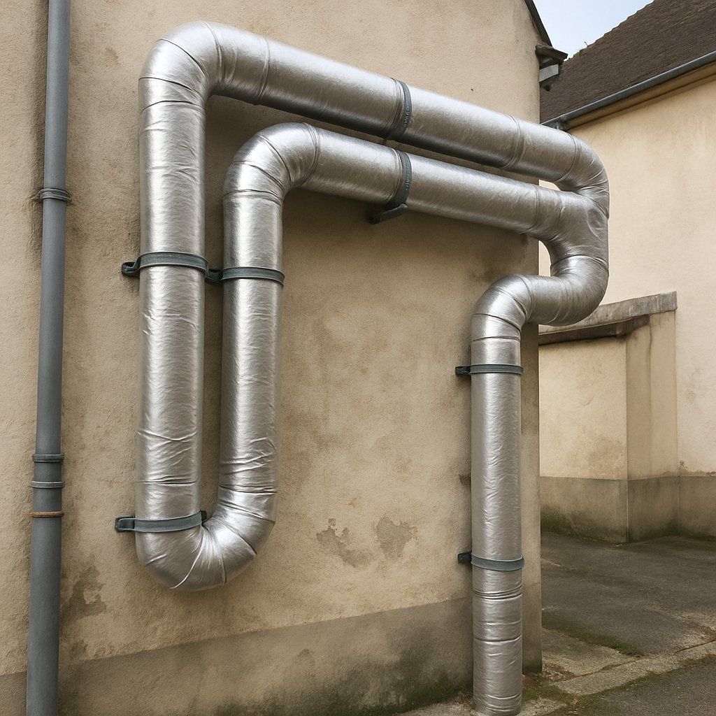 Liaisons calorifugées sous gaine aluminium le long d'un mur crépi