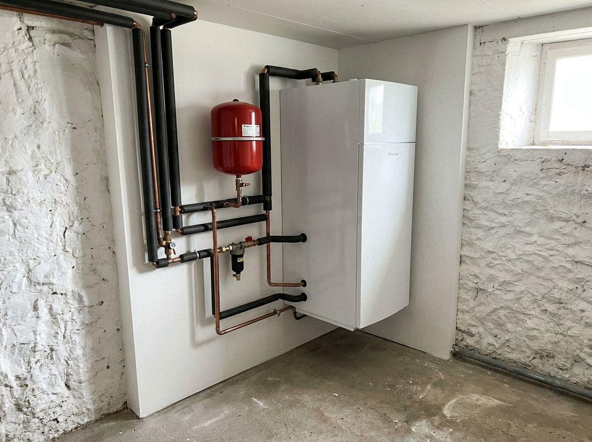 Chaufferie repeinte avec module intérieur Daikin Altherma 3, tuyaux cuivre et vase d'expansion