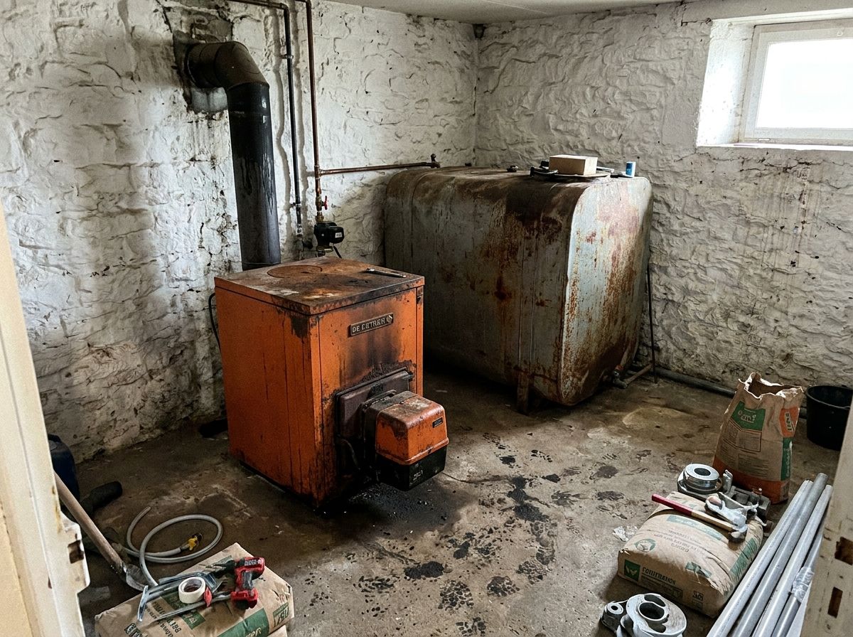 Vieille chaudière fioul orange et cuve rouillée dans une chaufferie en pierre