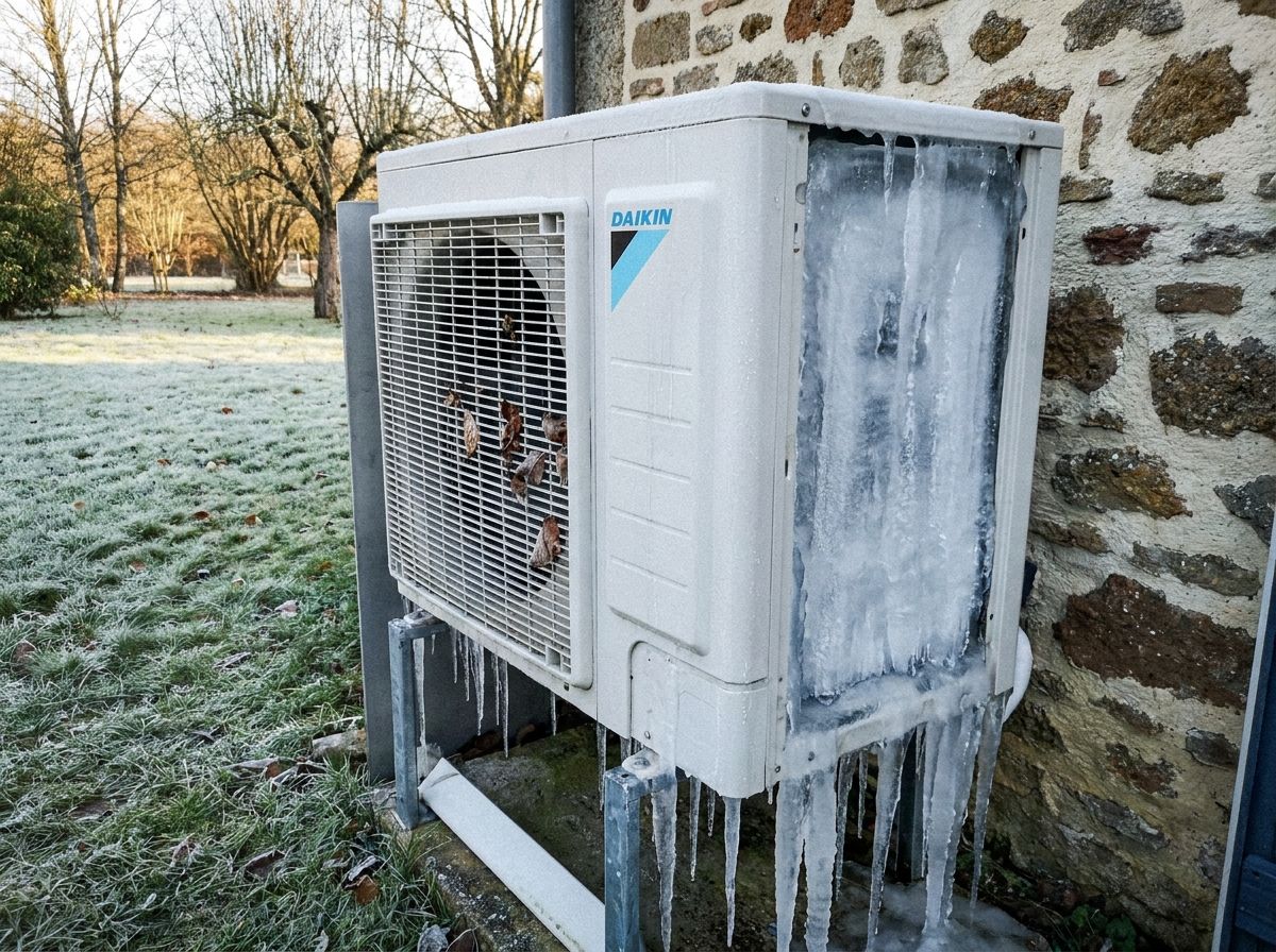 Unité extérieure Daikin Altherma 3 prise dans un bloc de glace, glaçons sous l'appareil, pelouse givrée