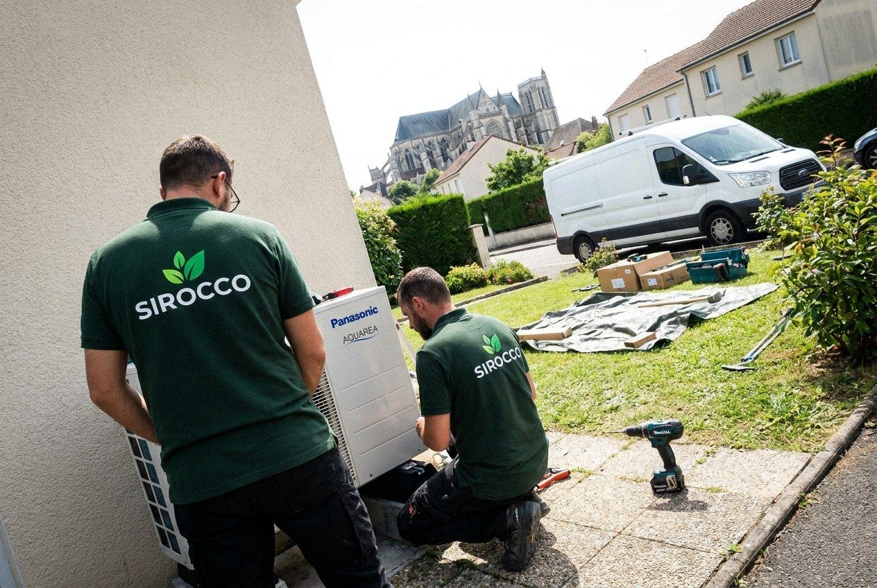 Deux techniciens Sirocco en polo vert installant une unité Panasonic dans un jardin